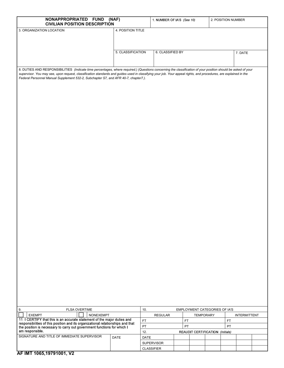 AF IMT Form 1065 Nonappropriated Fund (NAF) Civilian Position Description, Page 1