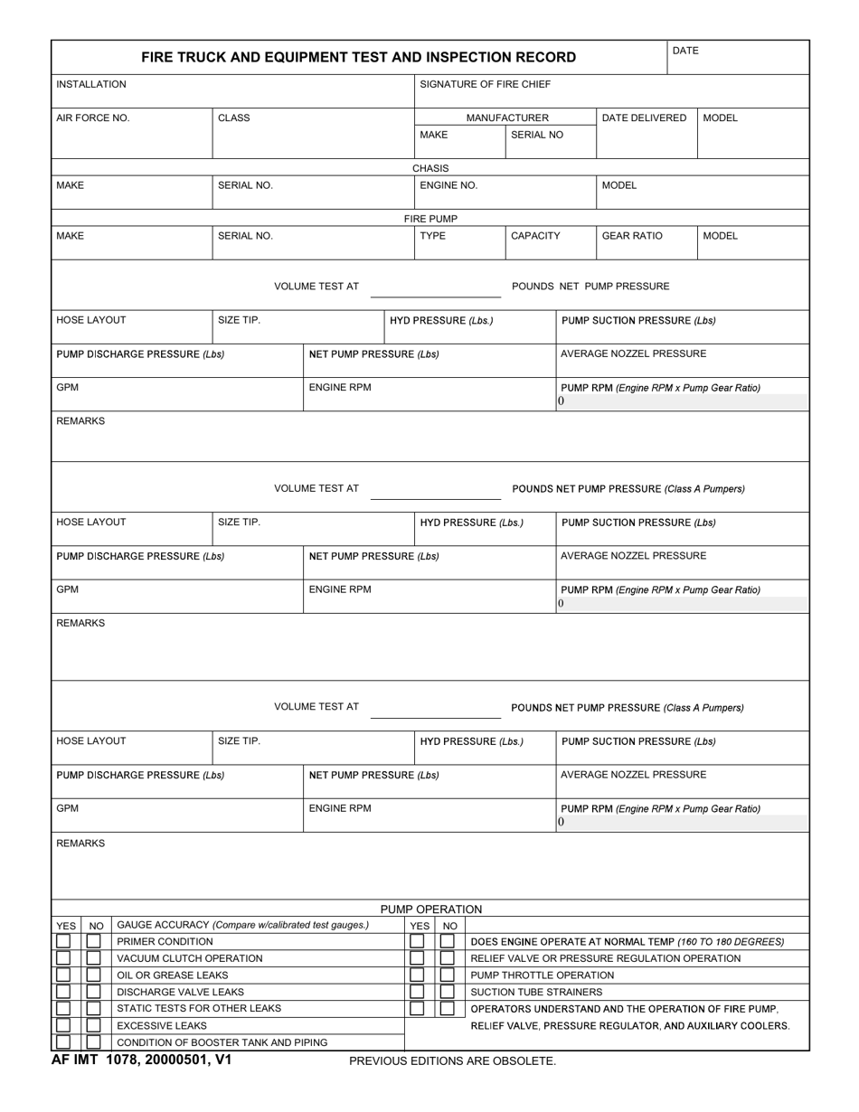 AF IMT Form 1078 Fire Truck and Equipment Test and Inspection Record, Page 1