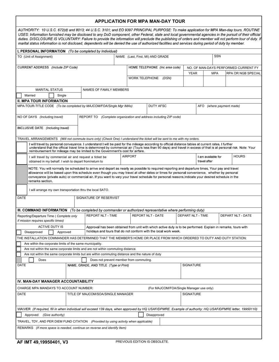 AF IMT Form 49 Application for MPA Man-Day Tour, Page 1