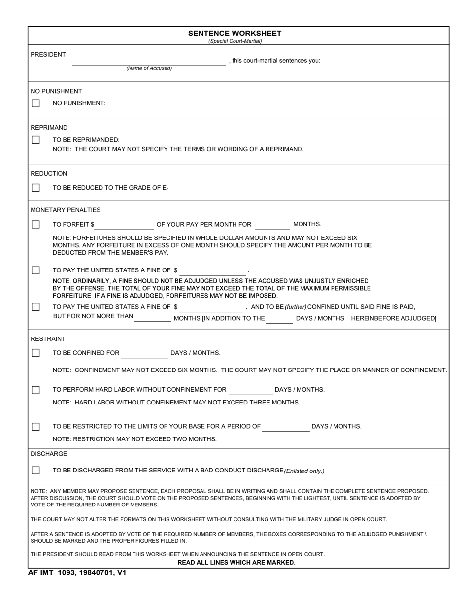 AF IMT Form 1093 Sentence Worksheet, Page 1