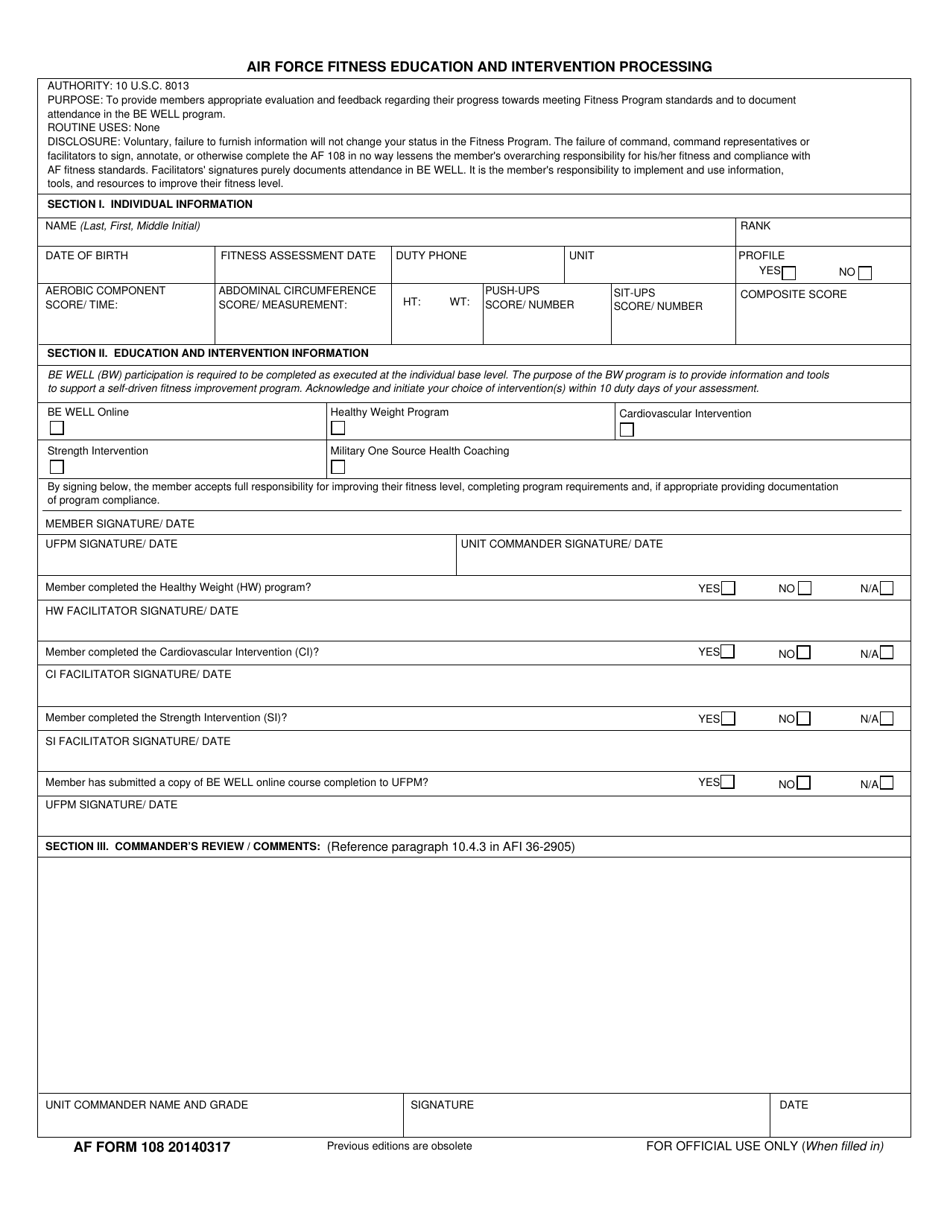 AF Form 108 Air Force Fitness Education and Intervention Processing, Page 1