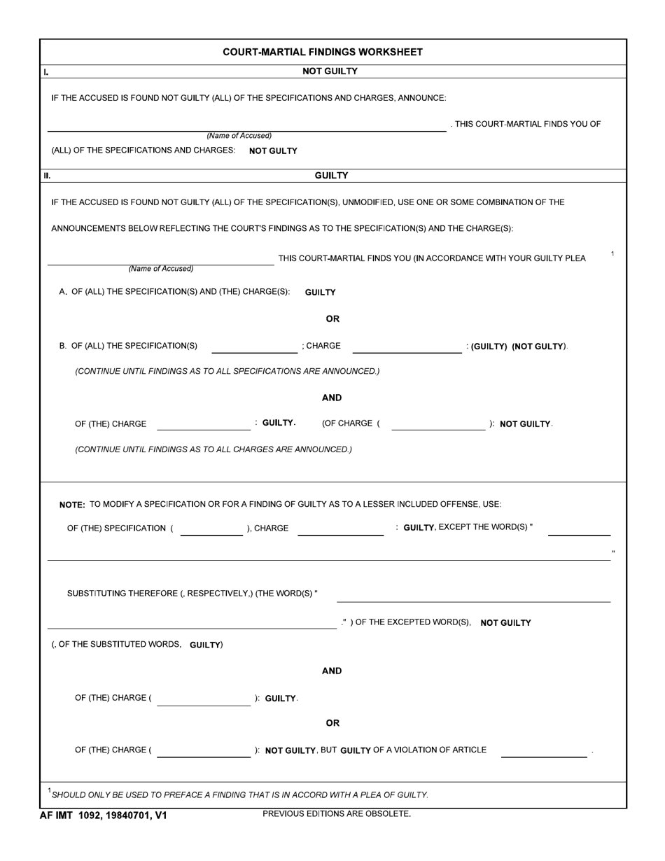 AF IMT Form 1092 Court-Martial Findings Worksheet, Page 1