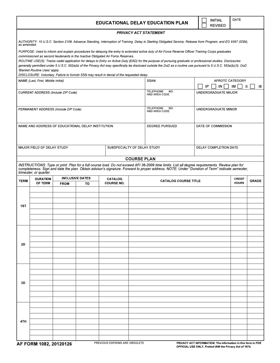 AF Form 1082 Educational Delay Education Plan, Page 1