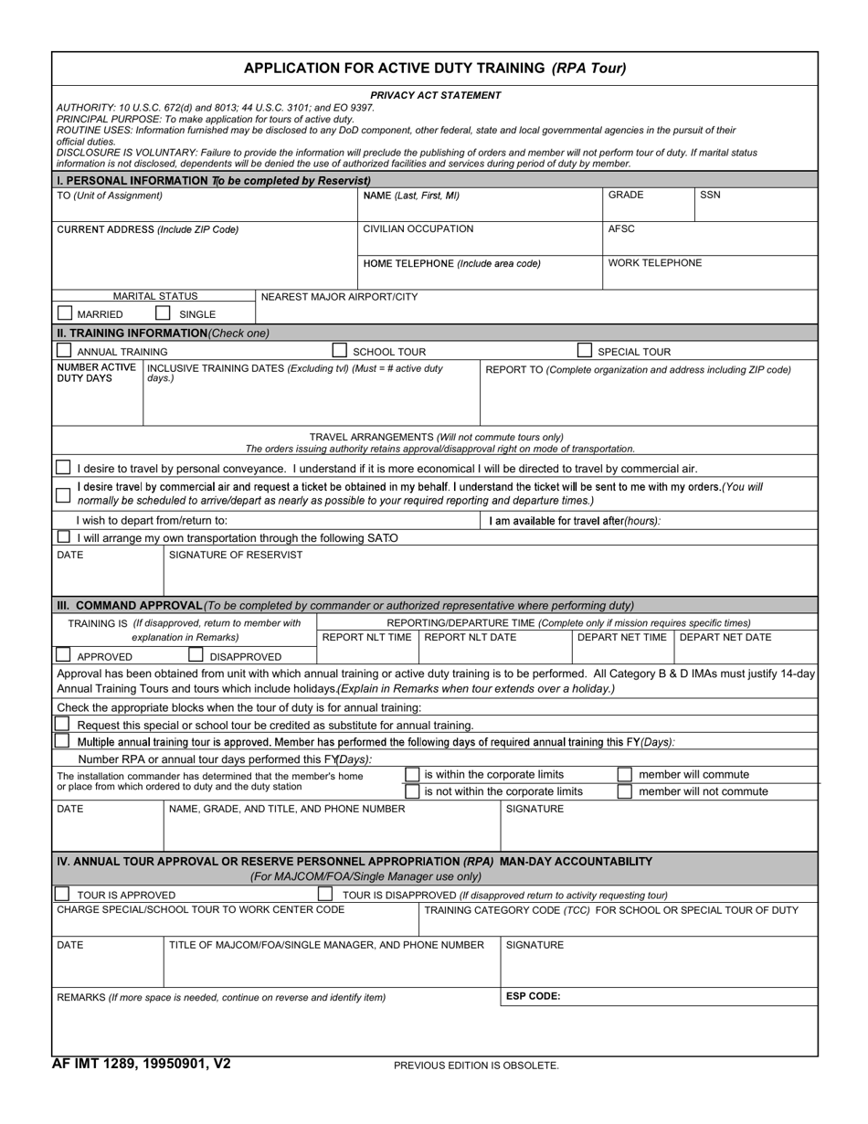 AF IMT Form 1289 Application for Active Duty Training (Rpa Tour), Page 1