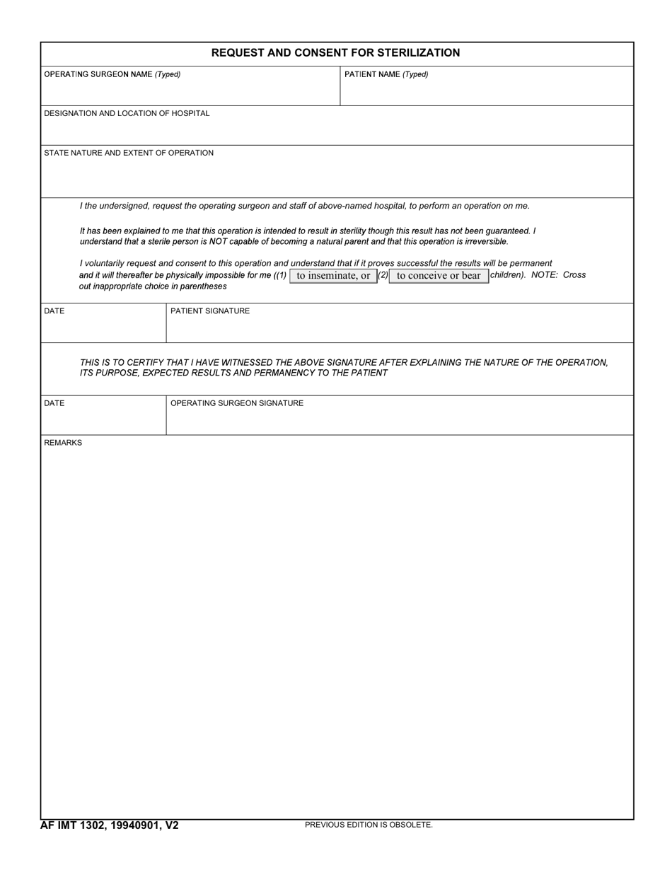 AF IMT Form 1302 Request and Consent for Sterilization, Page 1