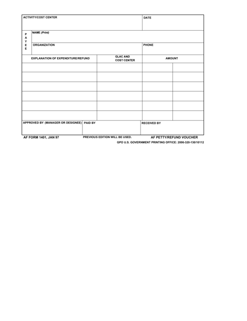 AF Form 1401  Printable Pdf