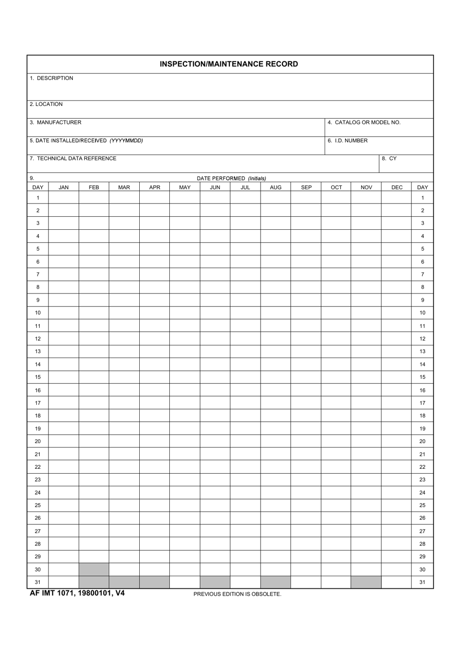 AF IMT Form 1071 Inspection / Maintenance Record, Page 1