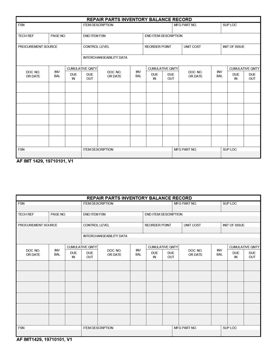 AF IMT Form 1429 Repair Parts Inventory Balance Record, Page 1