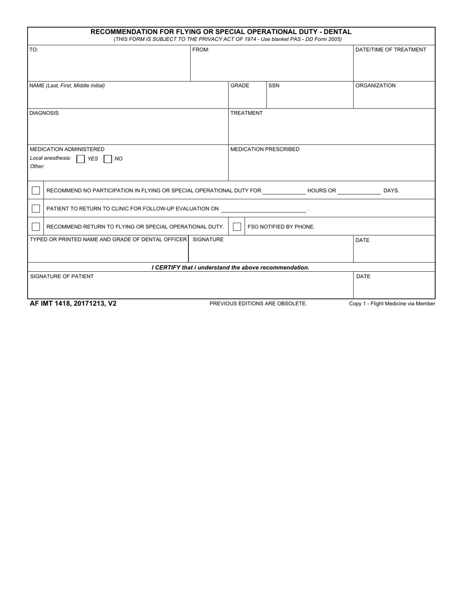 AF IMT Form 1418 Recommendation for Flying or Special Operational Duty - Dental, Page 1