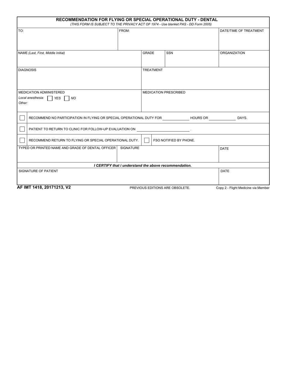 AF IMT Form 1418 Recommendation for Flying or Special Operational Duty - Dental, Page 2
