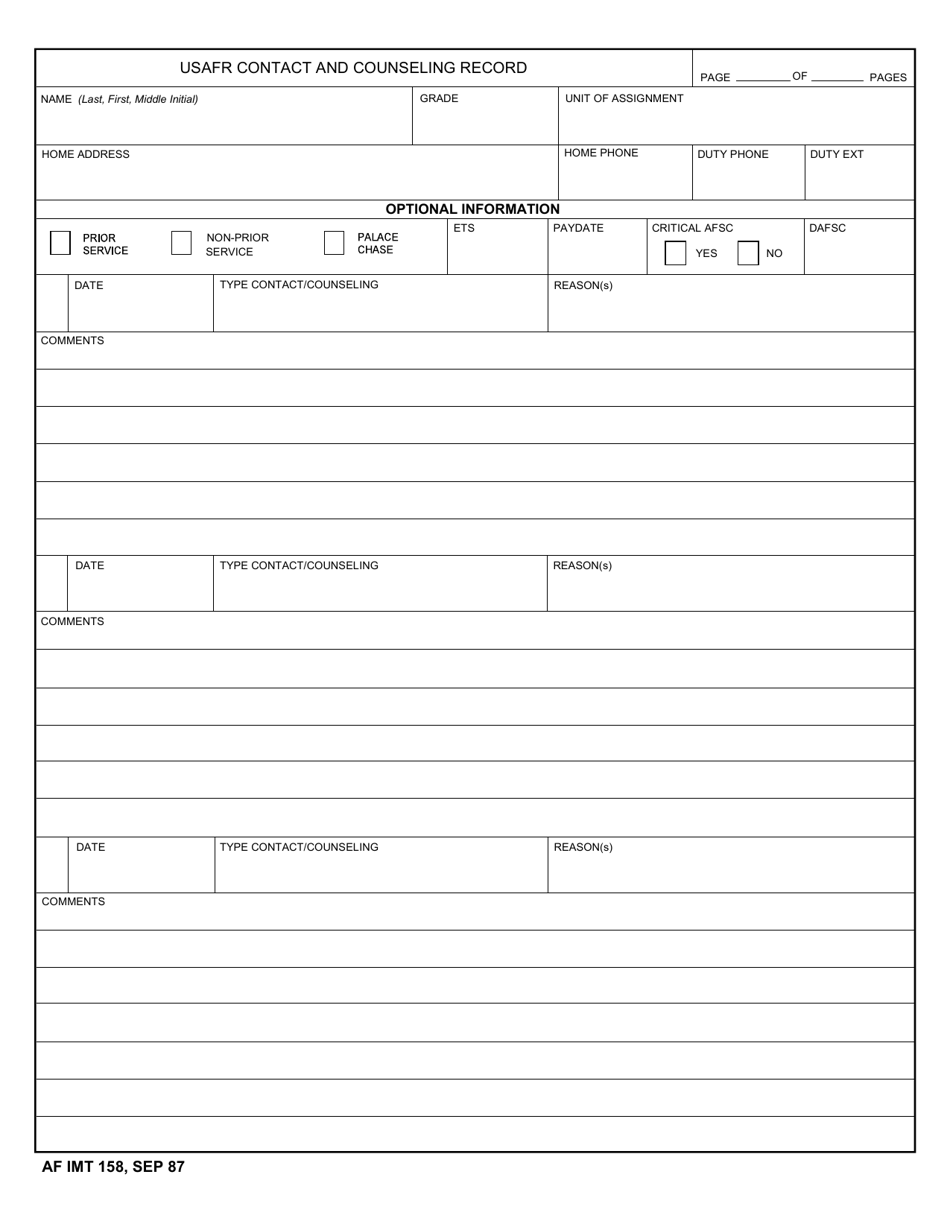 AF IMT Form 158 USAFR Contact and Counseling Record, Page 1