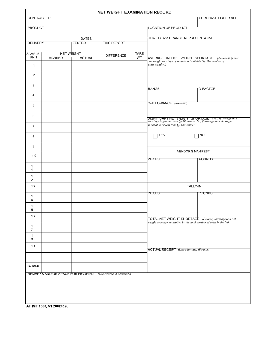 AF IMT Form 1553 Net Weight Examination Record, Page 1