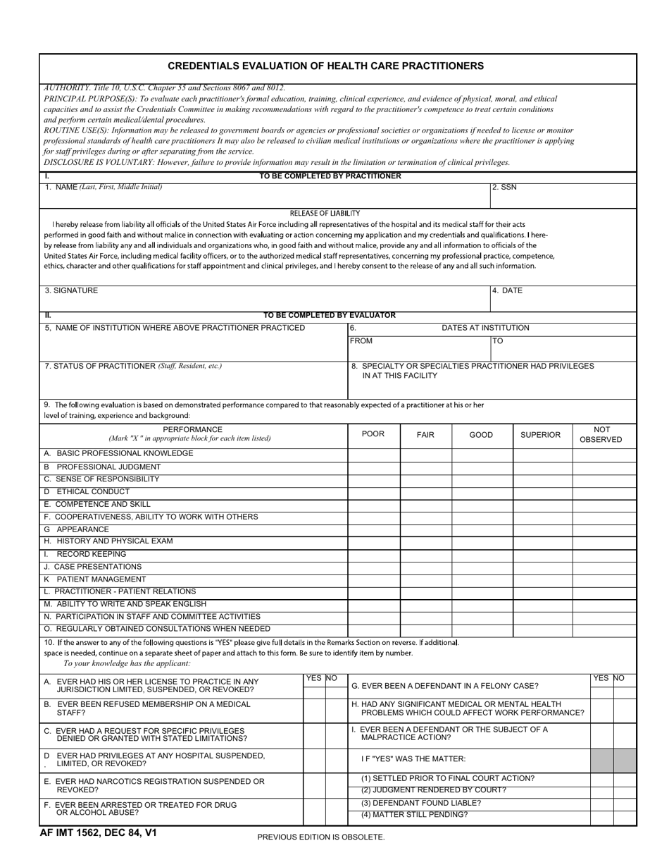 AF IMT Form 1562 Credentials Evaluation of Health Care Practitioners, Page 1