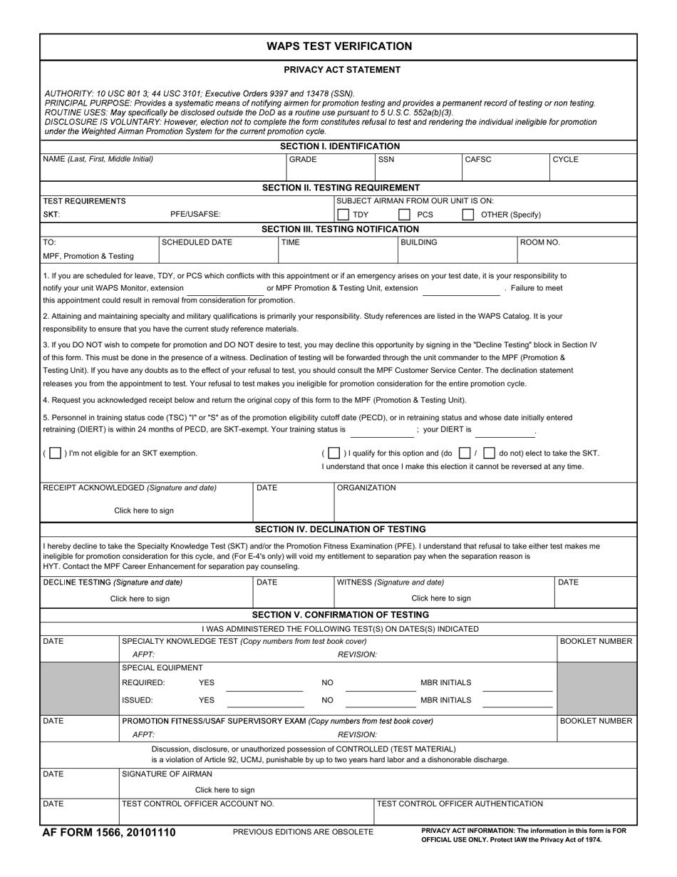 AF Form 1566 Waps Test Verification, Page 1