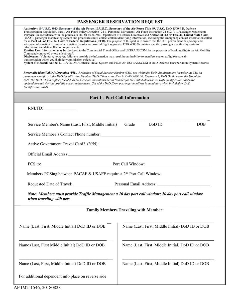 AF IMT Form 1546 Passenger Reservation Request, Page 1