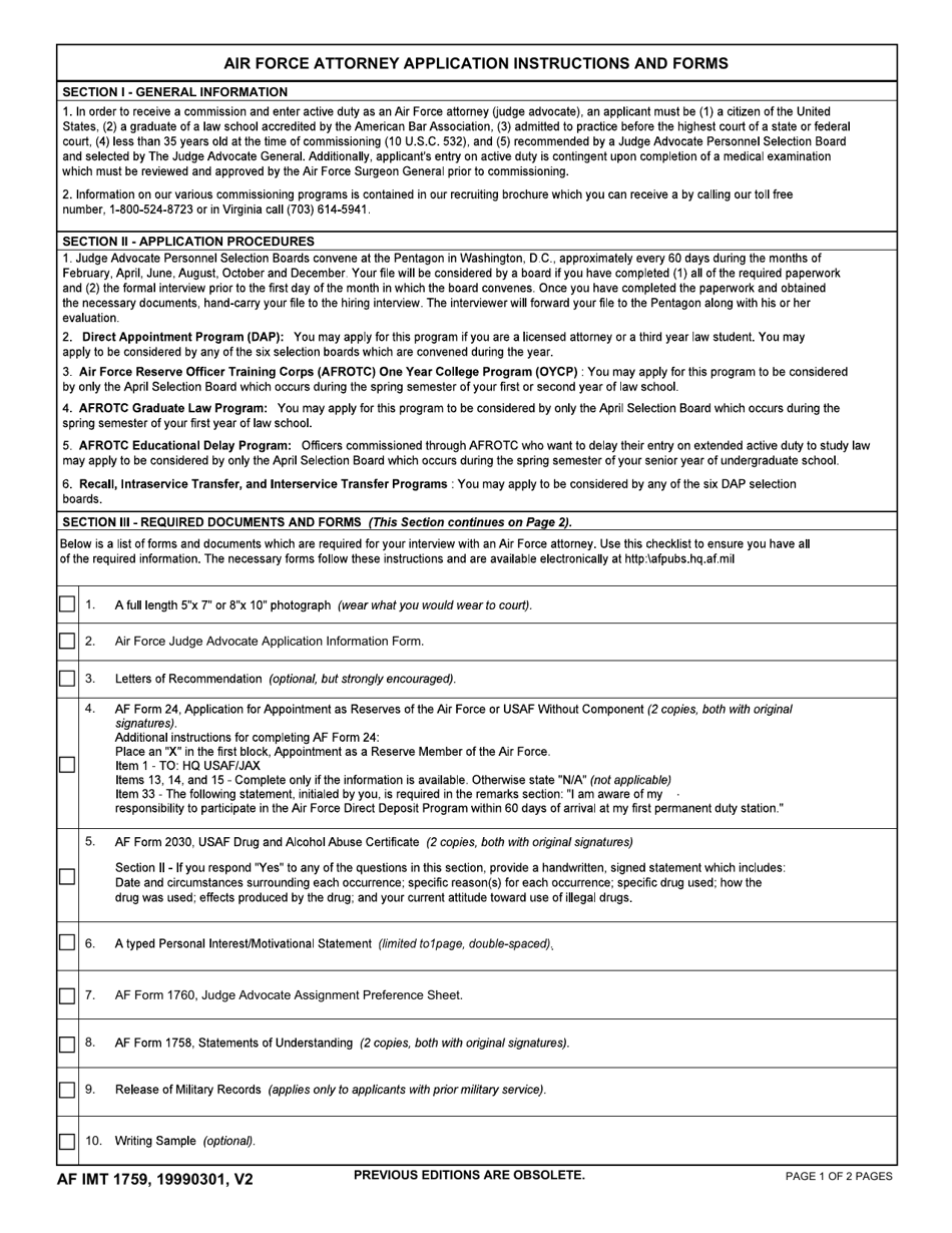 AF IMT Form 1759 Air Force Attorney Application Instructions and Forms, Page 1