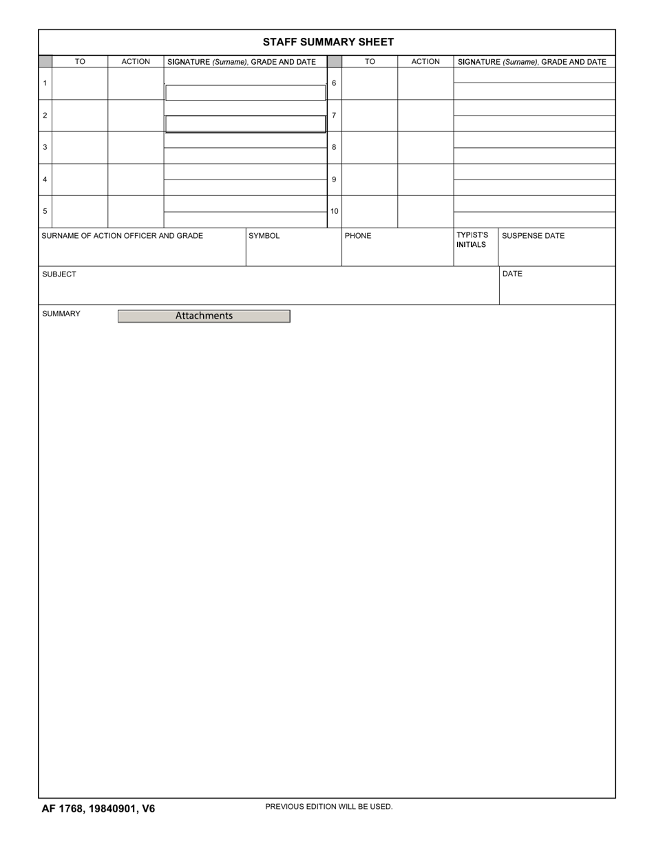 AF Form 1768 Staff Summary Sheet, Page 1