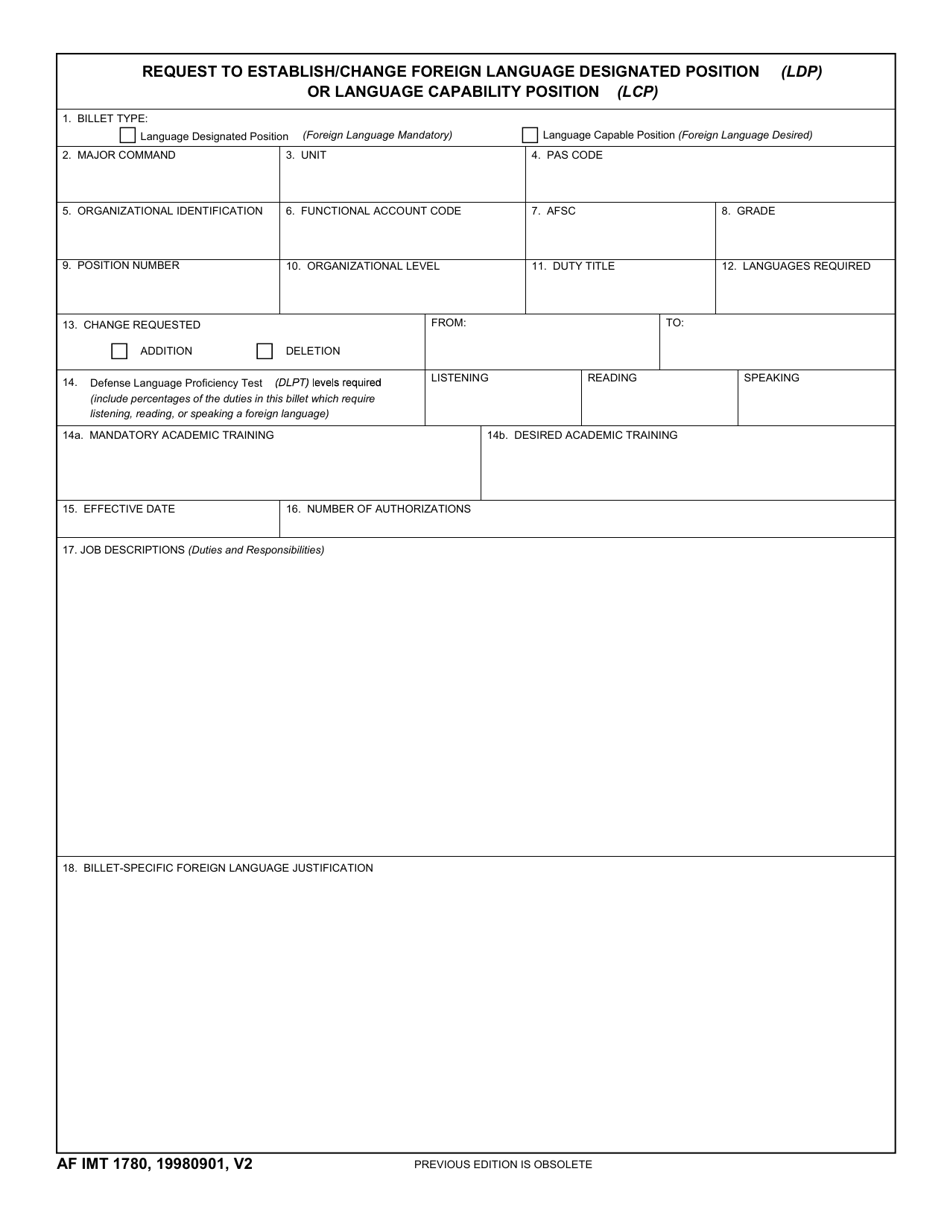 AF IMT Form 1780 Request to Establish / Change Foreign Language Designated Position (Ldp) or Language Capability Position (Lcp), Page 1