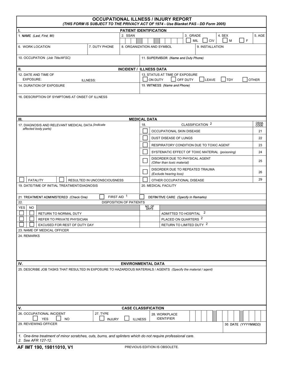 AF IMT Form 190 Occupational Illness / Injury Report, Page 1