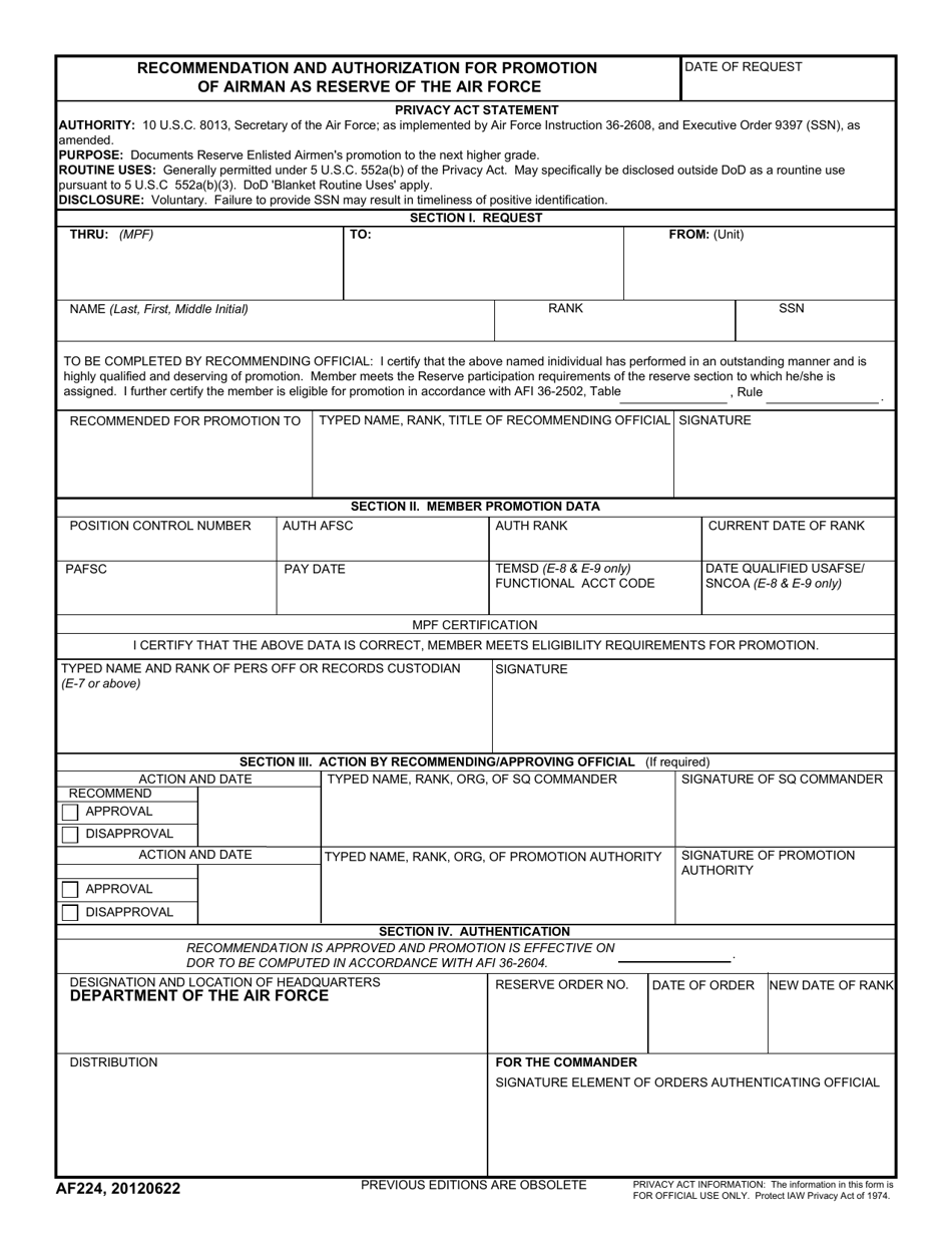 AF Form 224 Recommendation and Authorization for Promotion of Airman as Reserve of the Air Force, Page 1