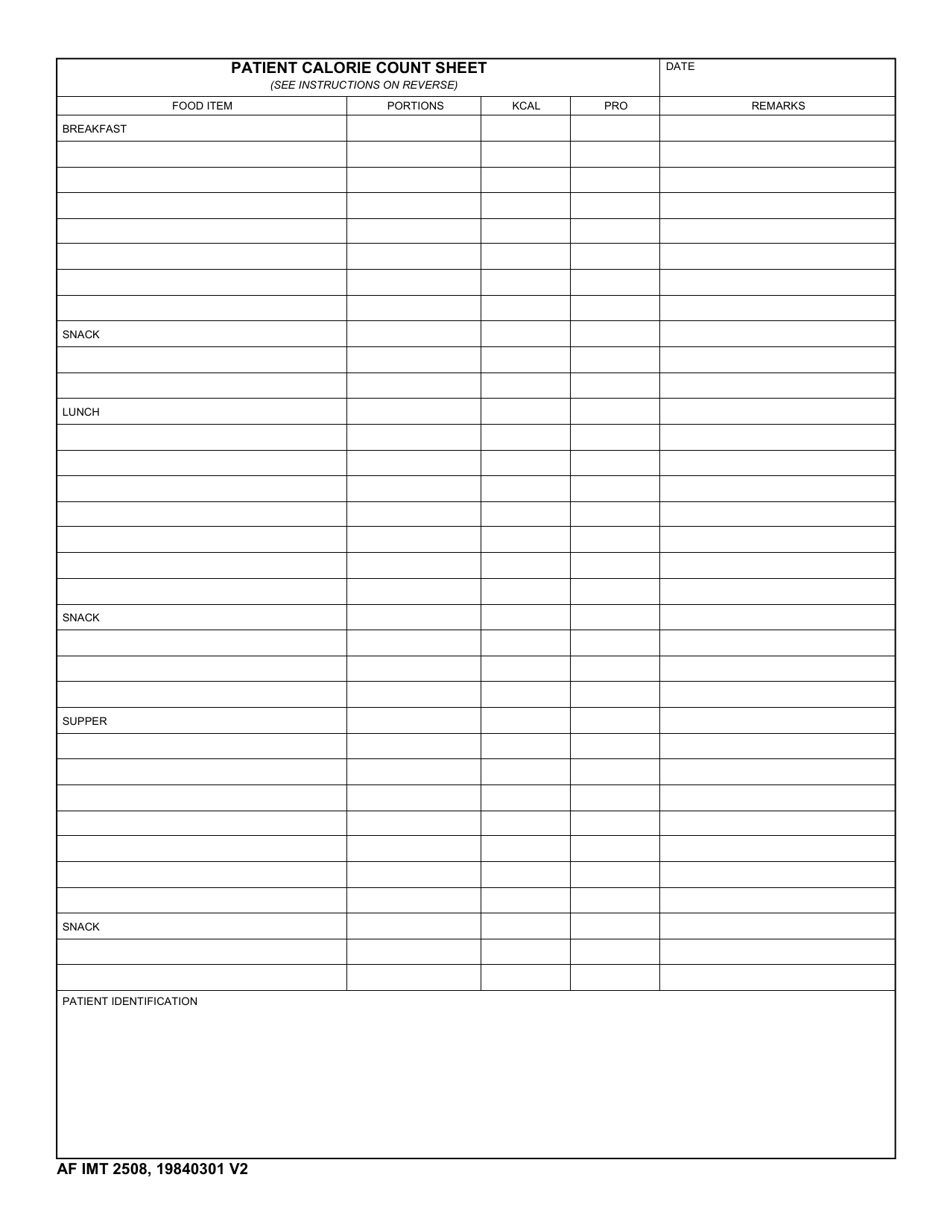AF IMT Form 2508 Patient Calorie Count Sheet, Page 1
