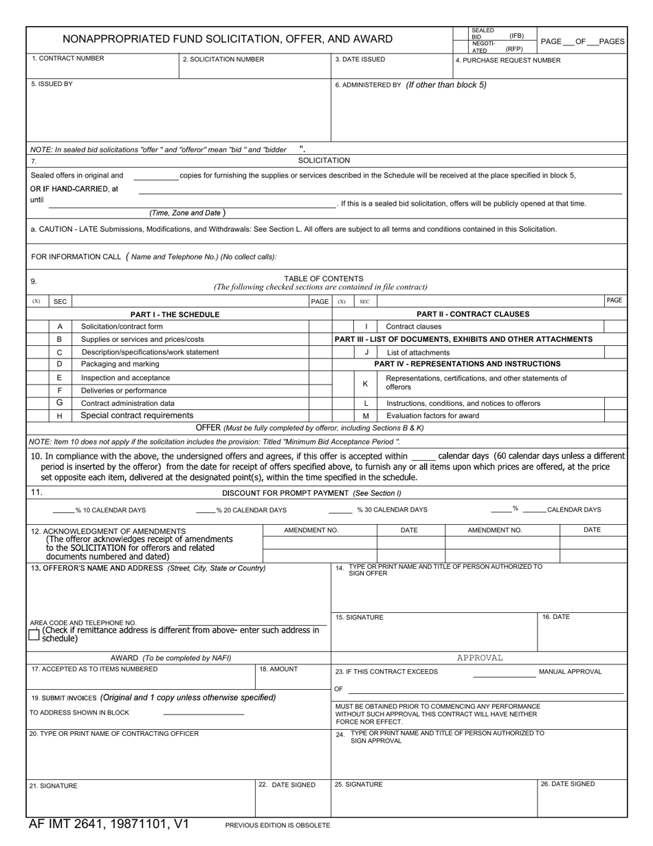 AF IMT Form 2641 Nonappropriated Fund Solicitation, Offer and Award, Page 1