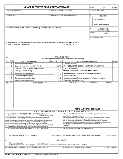 AF IMT Form 2640 Nonappropriated Fund Contract/Award
