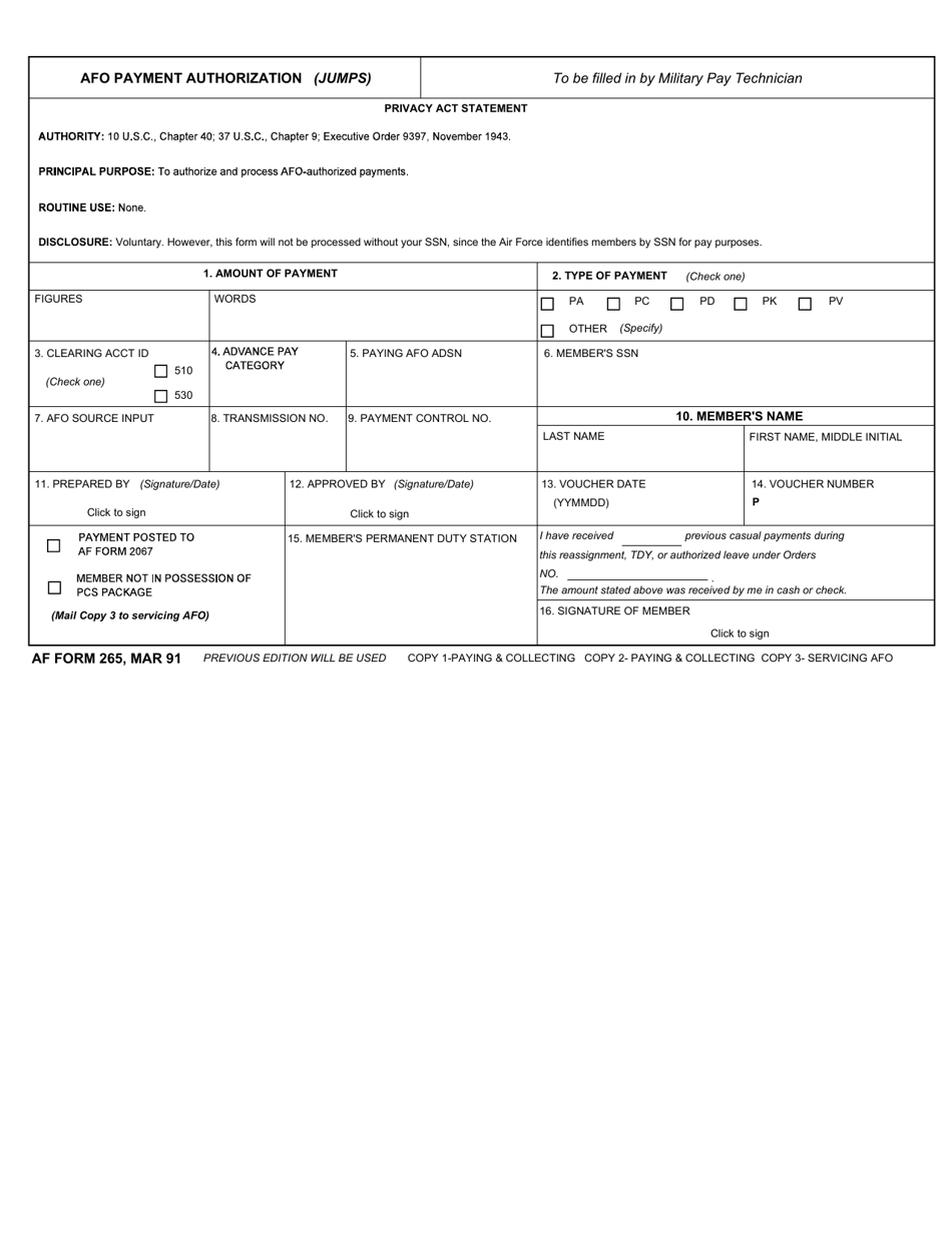 AF Form 265 Afo Payment Authorization (JUMPS), Page 1