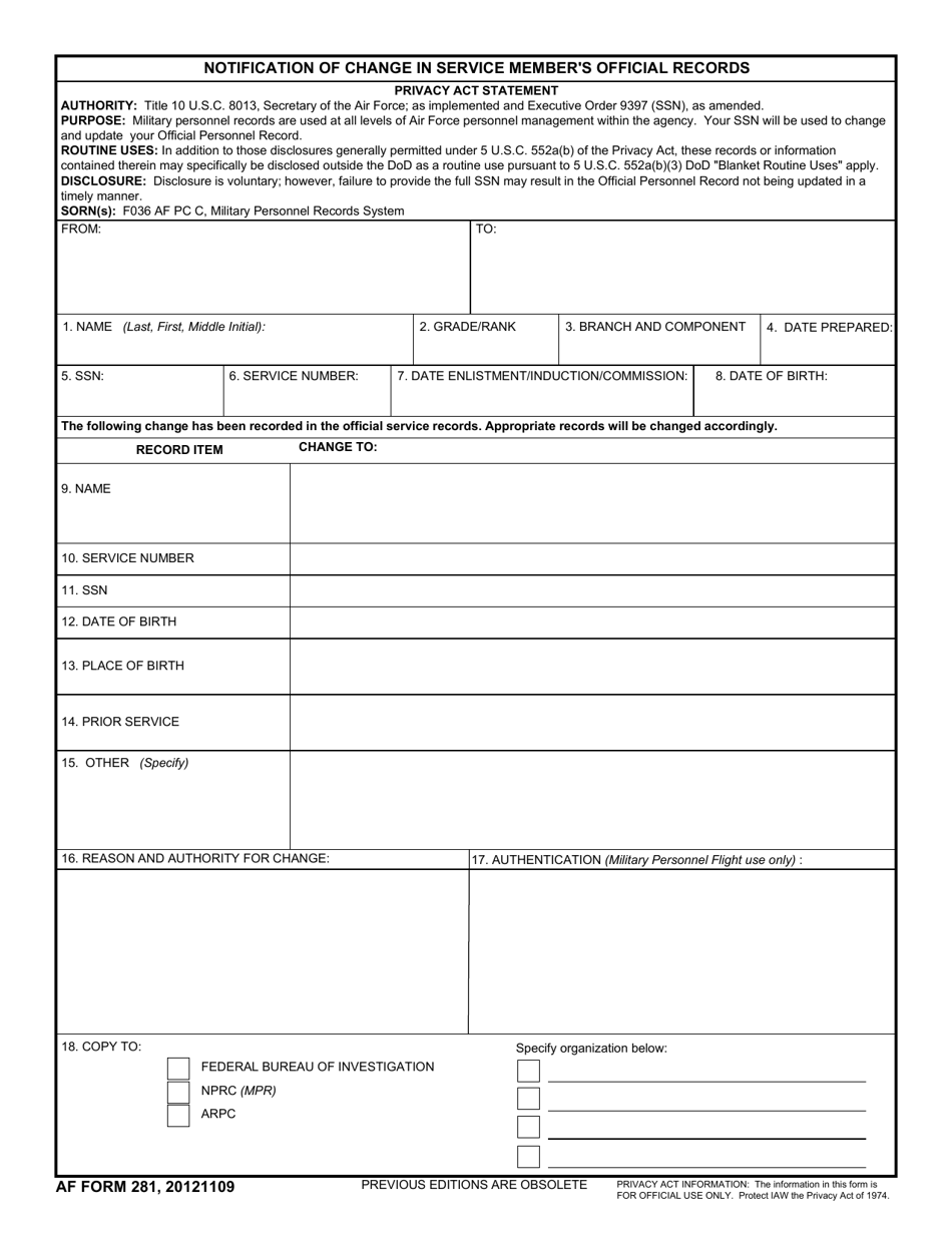 AF Form 281 Notification of Change in Service Member's Official Records, Page 1