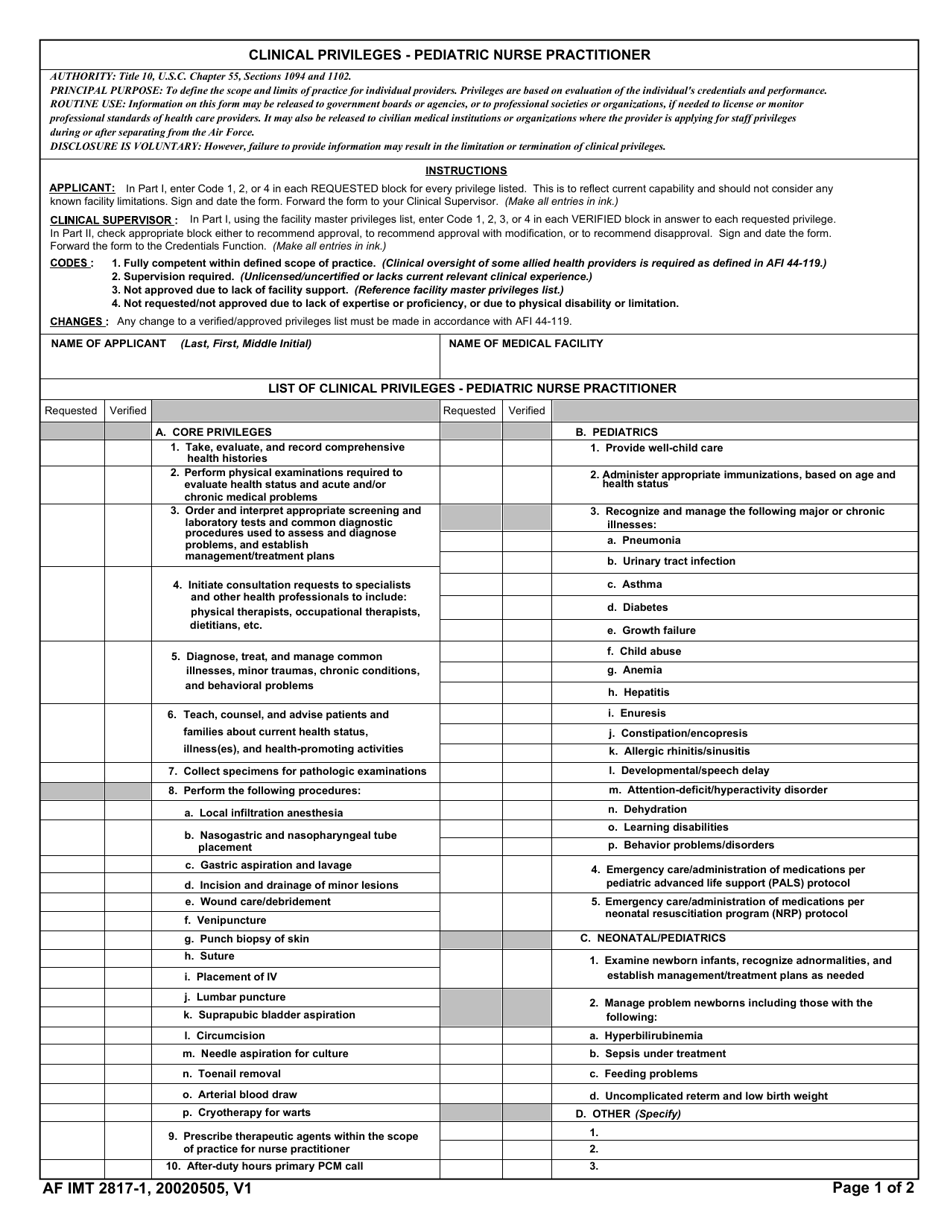 AF IMT Form 2817-1 Clinical Privileges - Pediatric Nurse Practitioner, Page 1