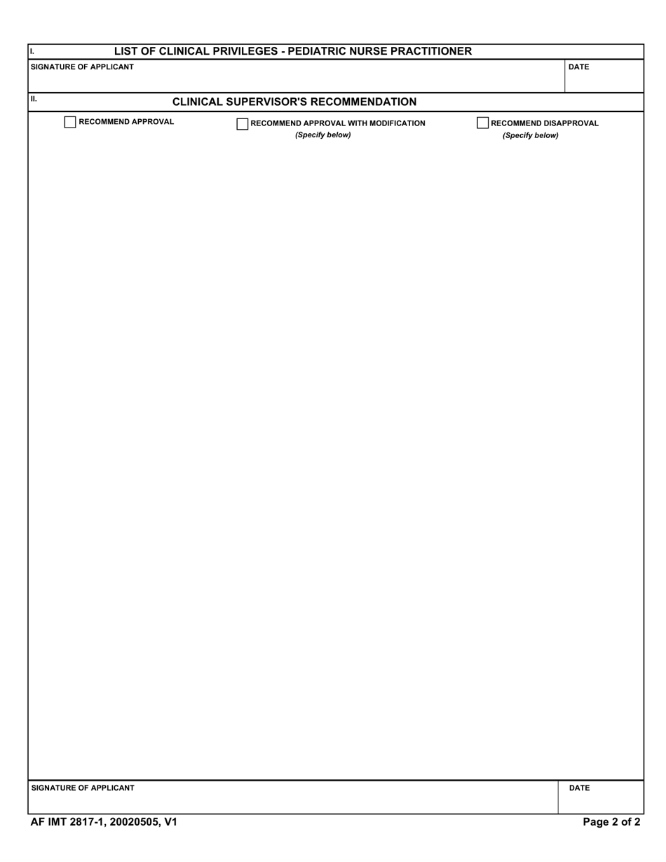 AF IMT Form 2817-1 Clinical Privileges - Pediatric Nurse Practitioner, Page 2