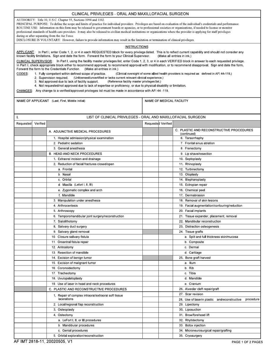 AF IMT Form 2818-11 Clinical Privileges - Oral and Maxillofacial Surgeon, Page 1