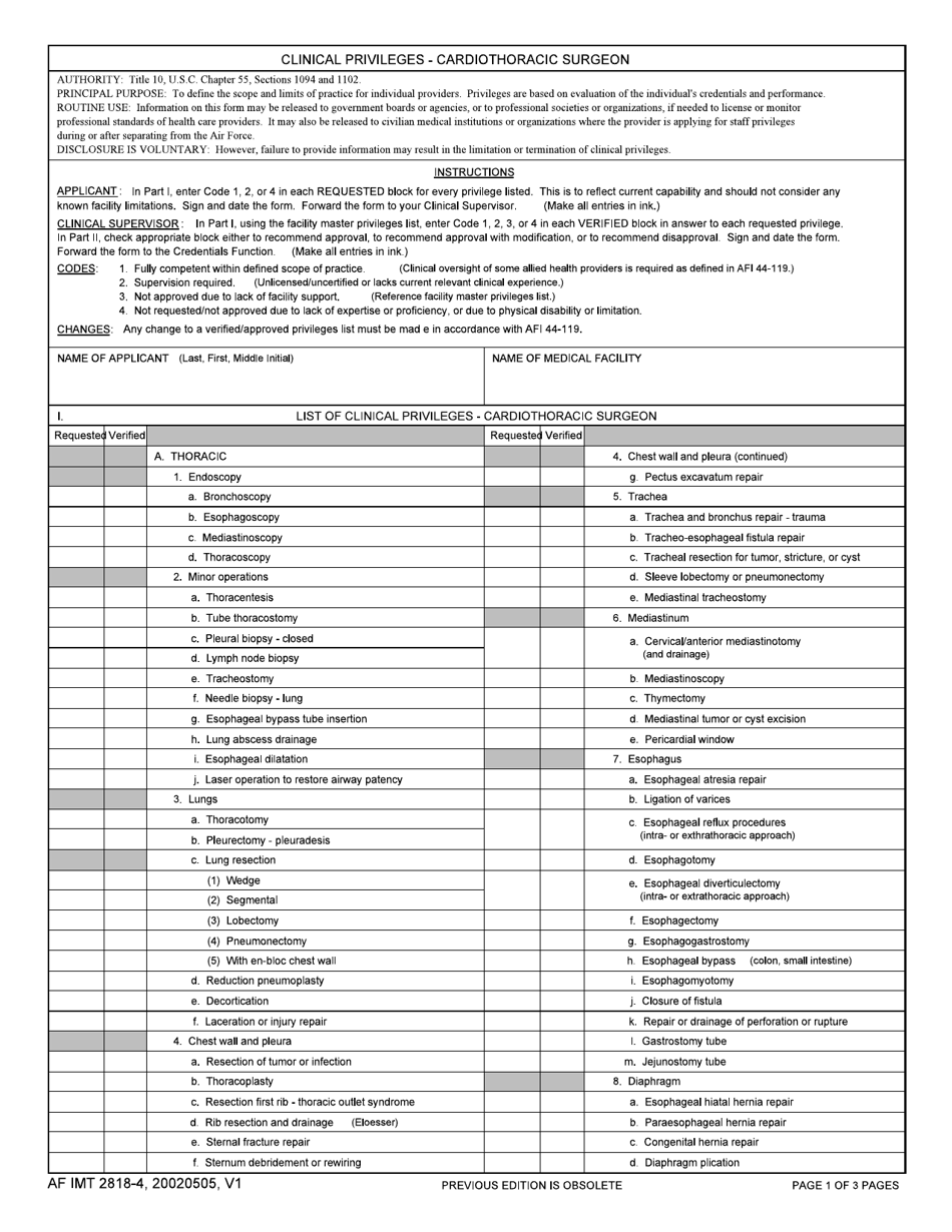 AF IMT Form 2818-4 Clinical Privileges - Cardiothoracic Surgeon, Page 1
