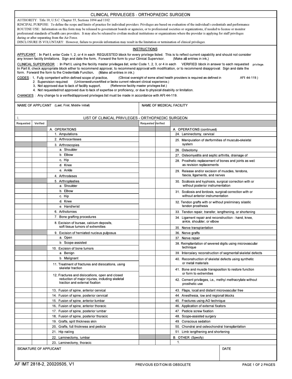 AF IMT Form 2818-2 Clinical Privileges - Orthopaedic Surgeon, Page 1