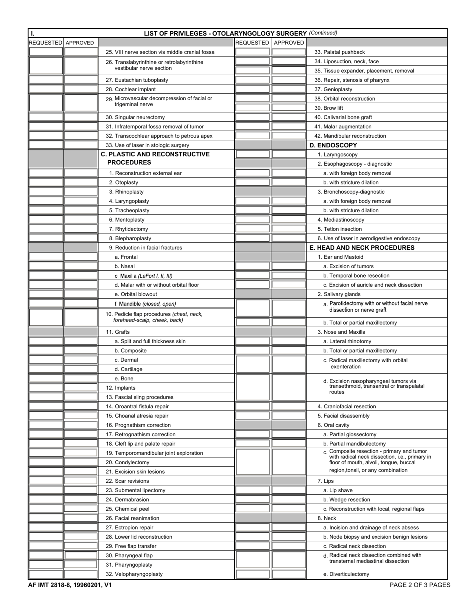 AF IMT Form 2818-8 Privilege List - Otolaryngology Surgery, Page 2