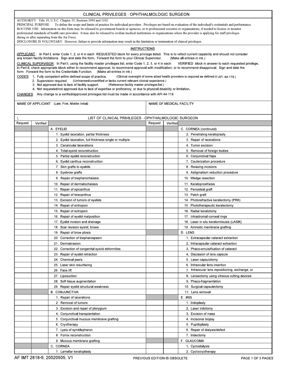 AF IMT Form 2818-9 Clinical Privileges - Ophthalmologic Surgeon, Page 1