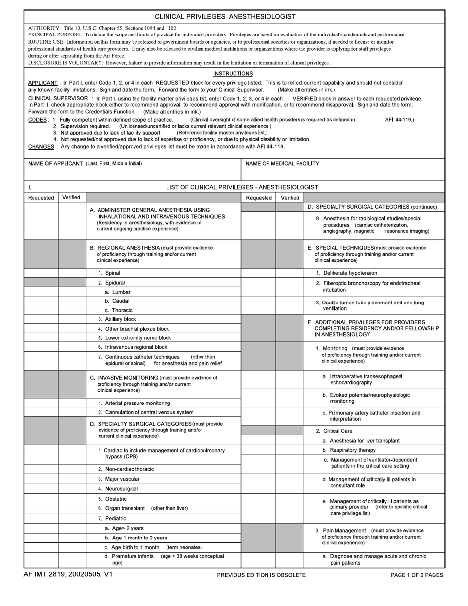 AF IMT Form 2819 Clinical Privileges - Anesthesiologist, Page 1