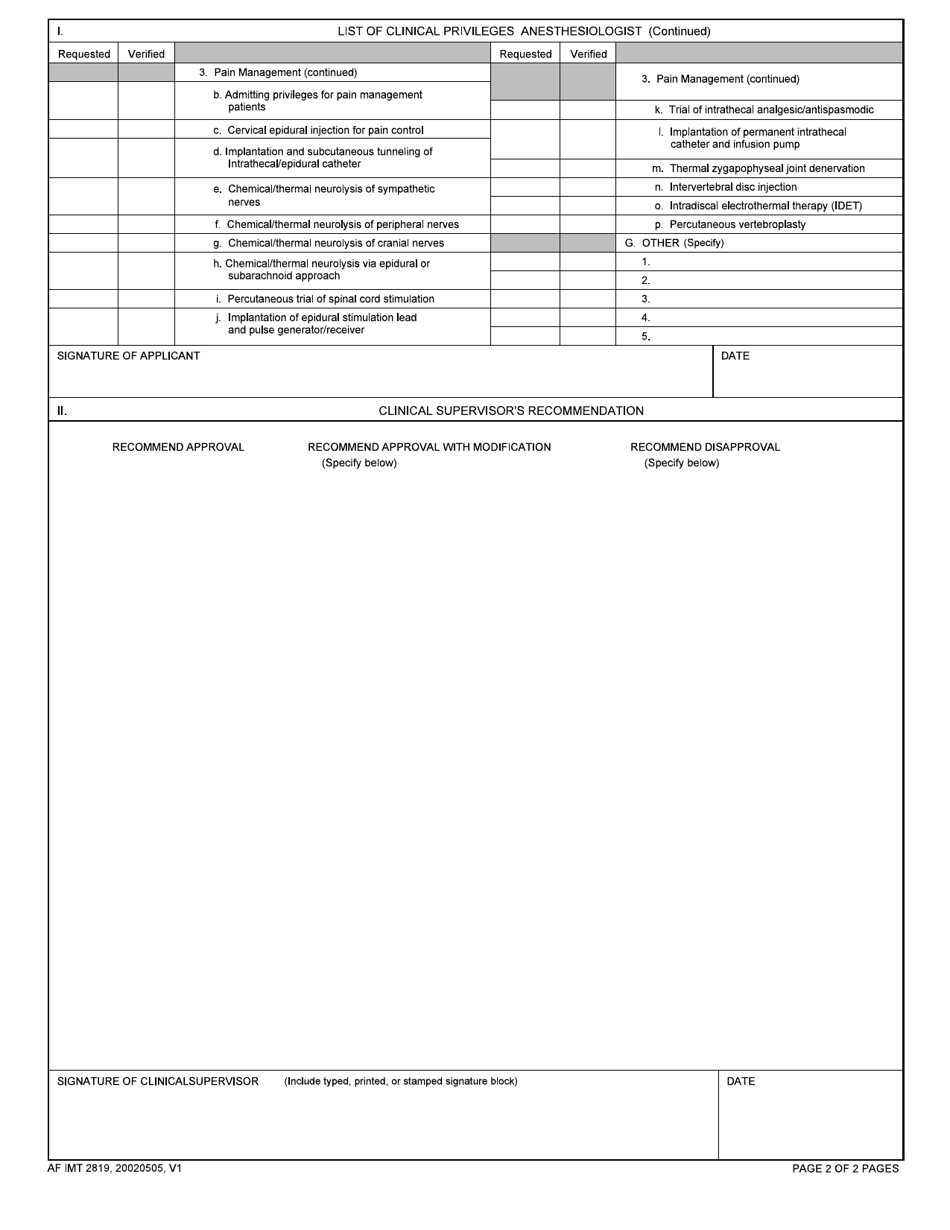 AF IMT Form 2819 Clinical Privileges - Anesthesiologist, Page 2