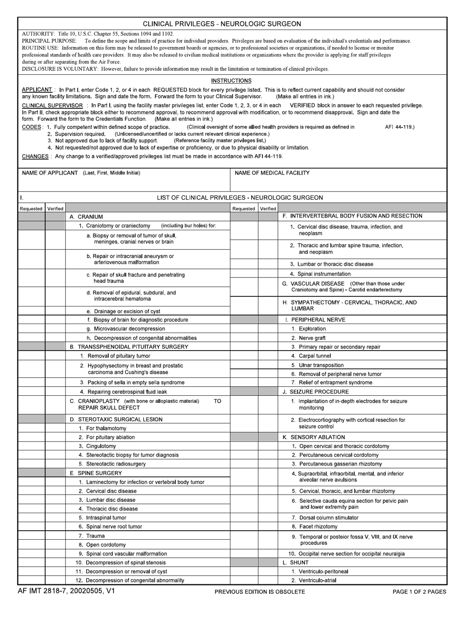 AF IMT Form 2818-7 Clinical Privileges - Neurologic Surgeon, Page 1