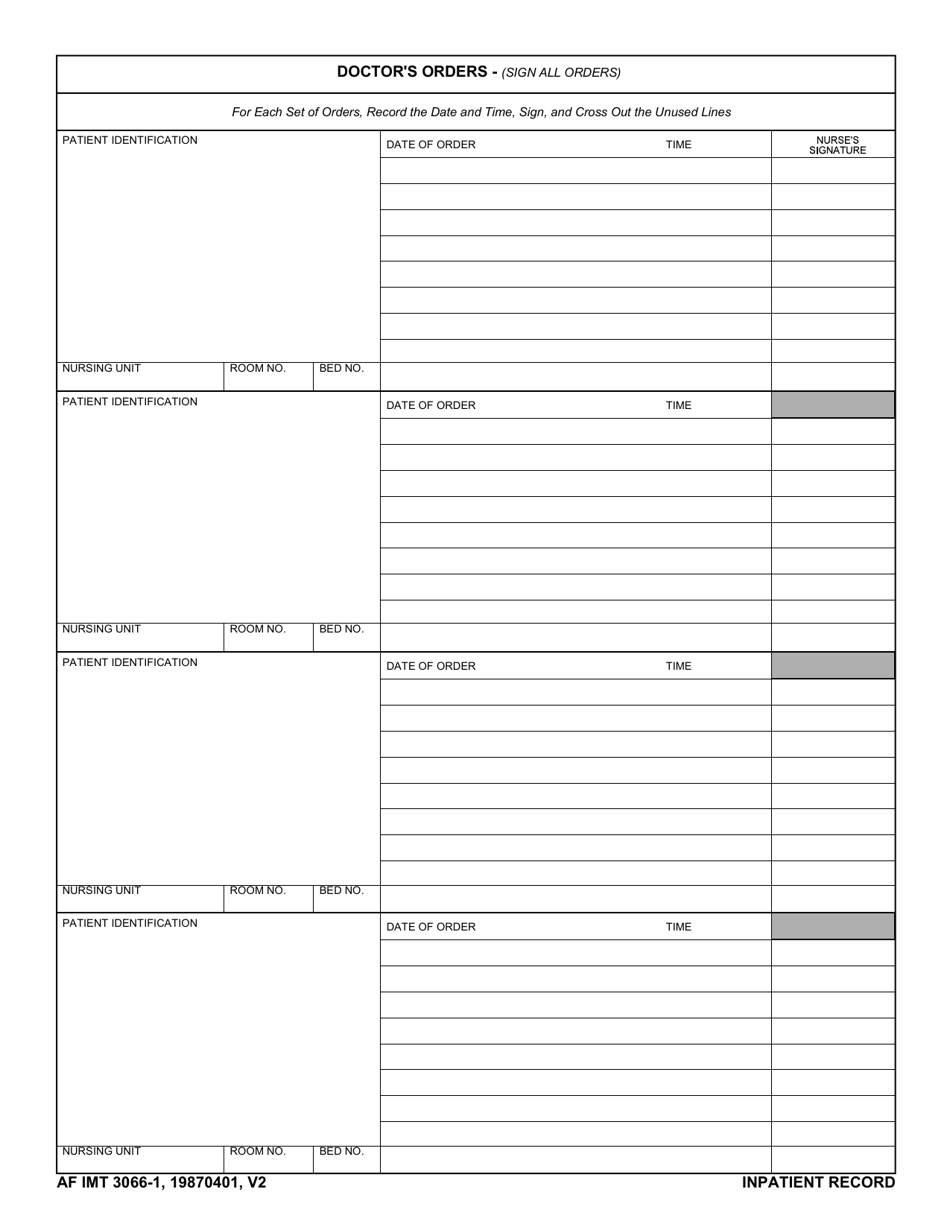 AF IMT Form 3066-1 Doctors Orders, Page 1
