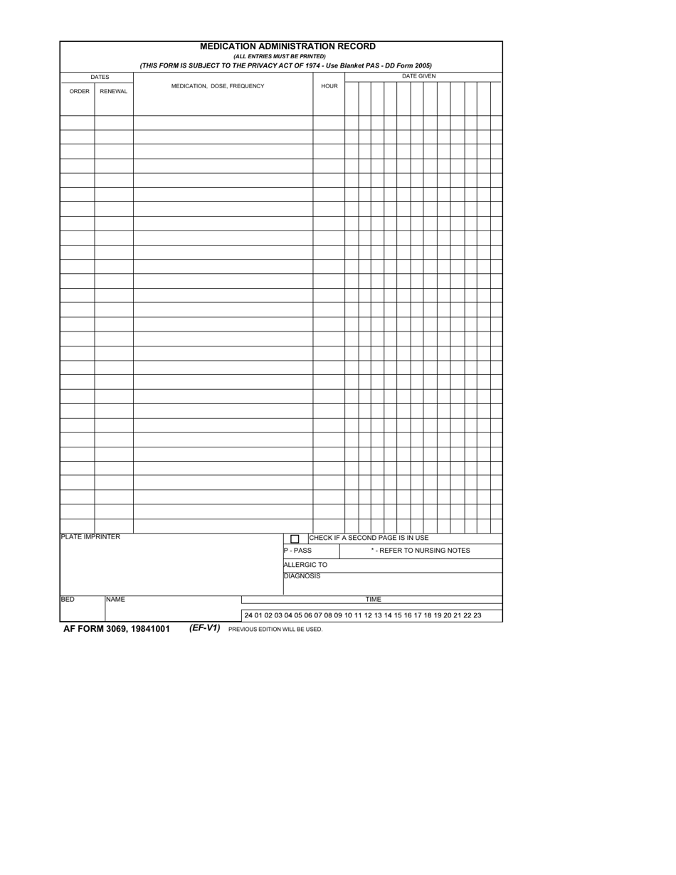 AF Form 3069 Medication Administration Record, Page 1