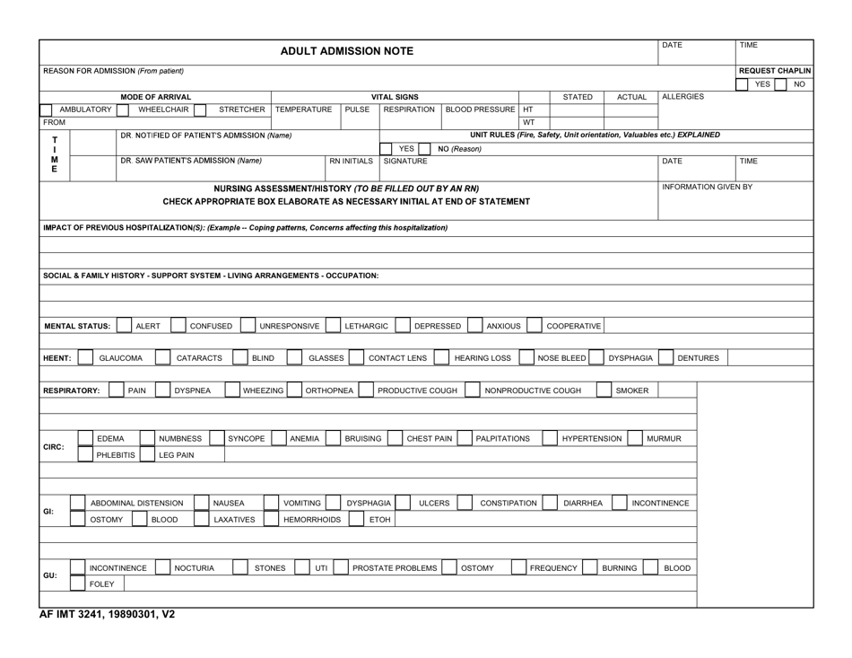 AF IMT Form 3241 Adult Admission Note, Page 1