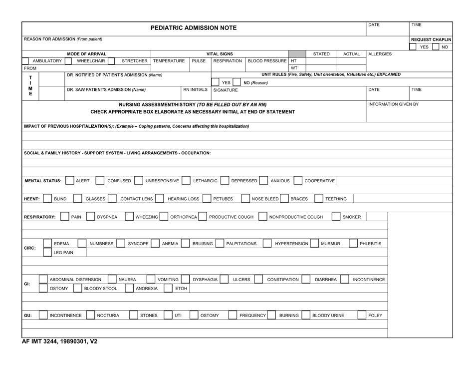 AF IMT Form 3244 Pediatric Admission Note, Page 1