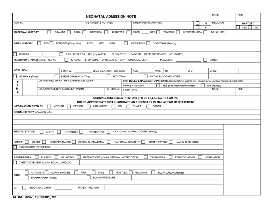 AF IMT Form 3247 Neonatal Admission Note, Page 1