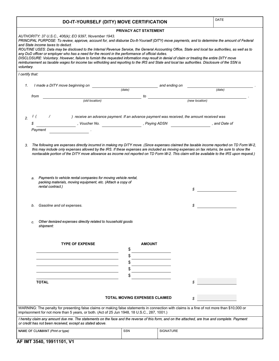 AF IMT Form 3540 Do-It-Yourself (Dity) Move Certification, Page 1