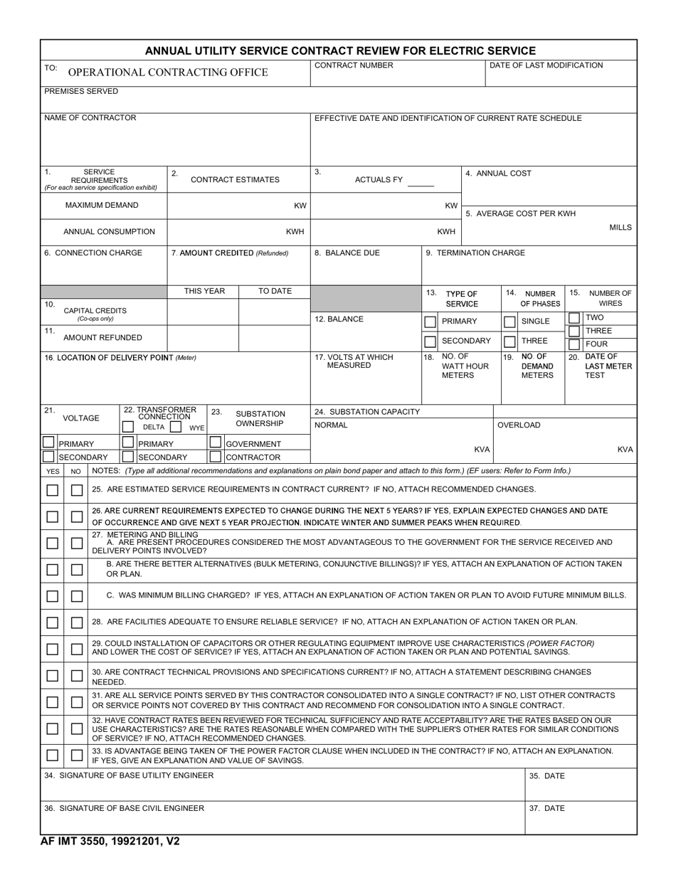 AF IMT Form 3550 Annual Utility Service Contract Review for Electric Service, Page 1