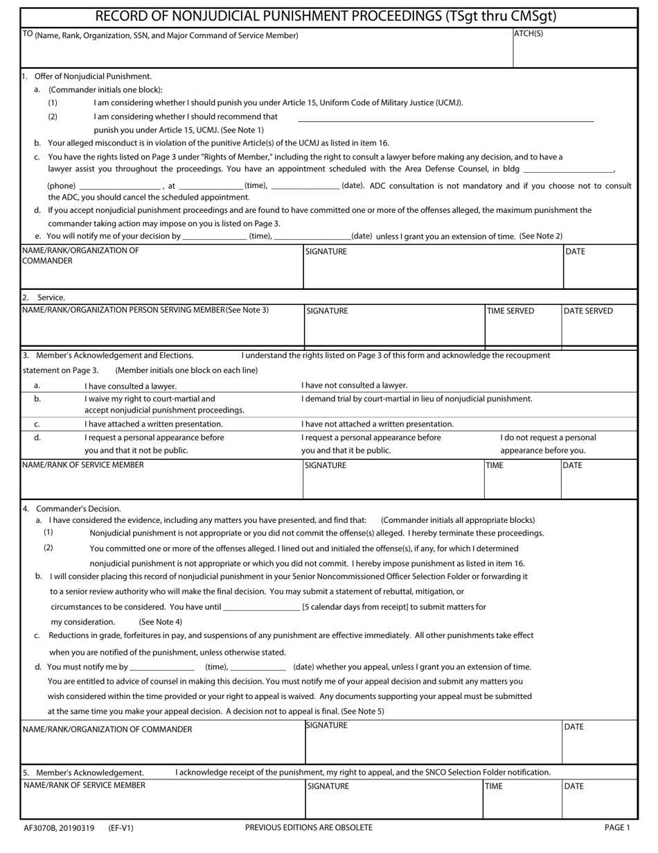 AF Form 3070B Record of Nonjudicial Punishment Proceedings (TSGT Thru CMSgt), Page 1