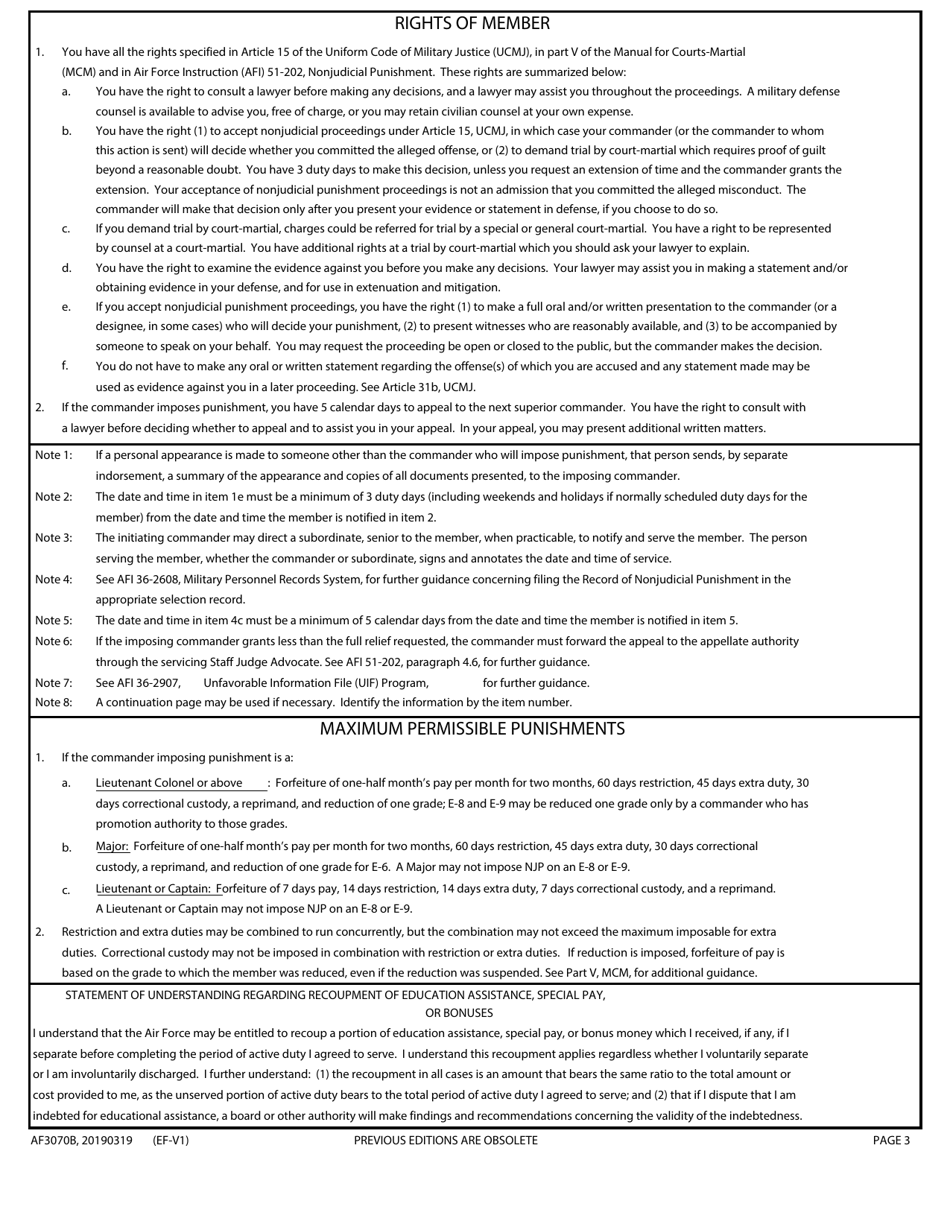 AF Form 3070B Record of Nonjudicial Punishment Proceedings (TSGT Thru CMSgt), Page 3