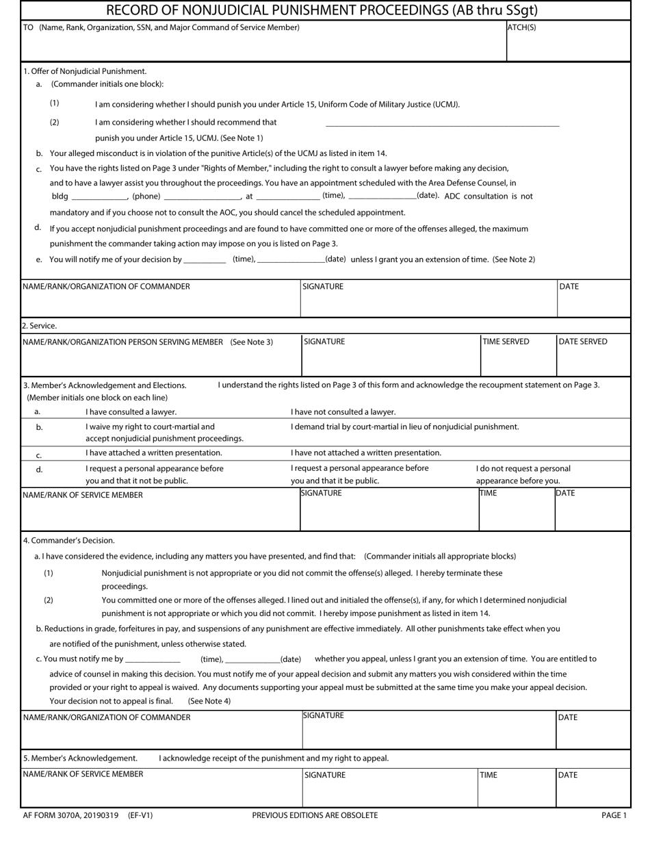 AF Form 3070A Record of Nonjudicial Punishment Proceedings (AB Thru Ssgt), Page 1