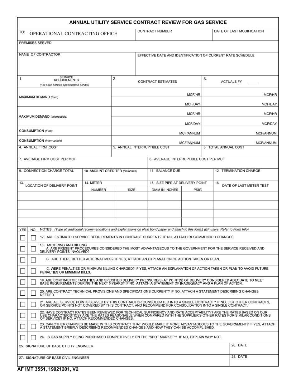 AF IMT Form 3551 Annual Utility Service Contract Review for Gas Service, Page 1